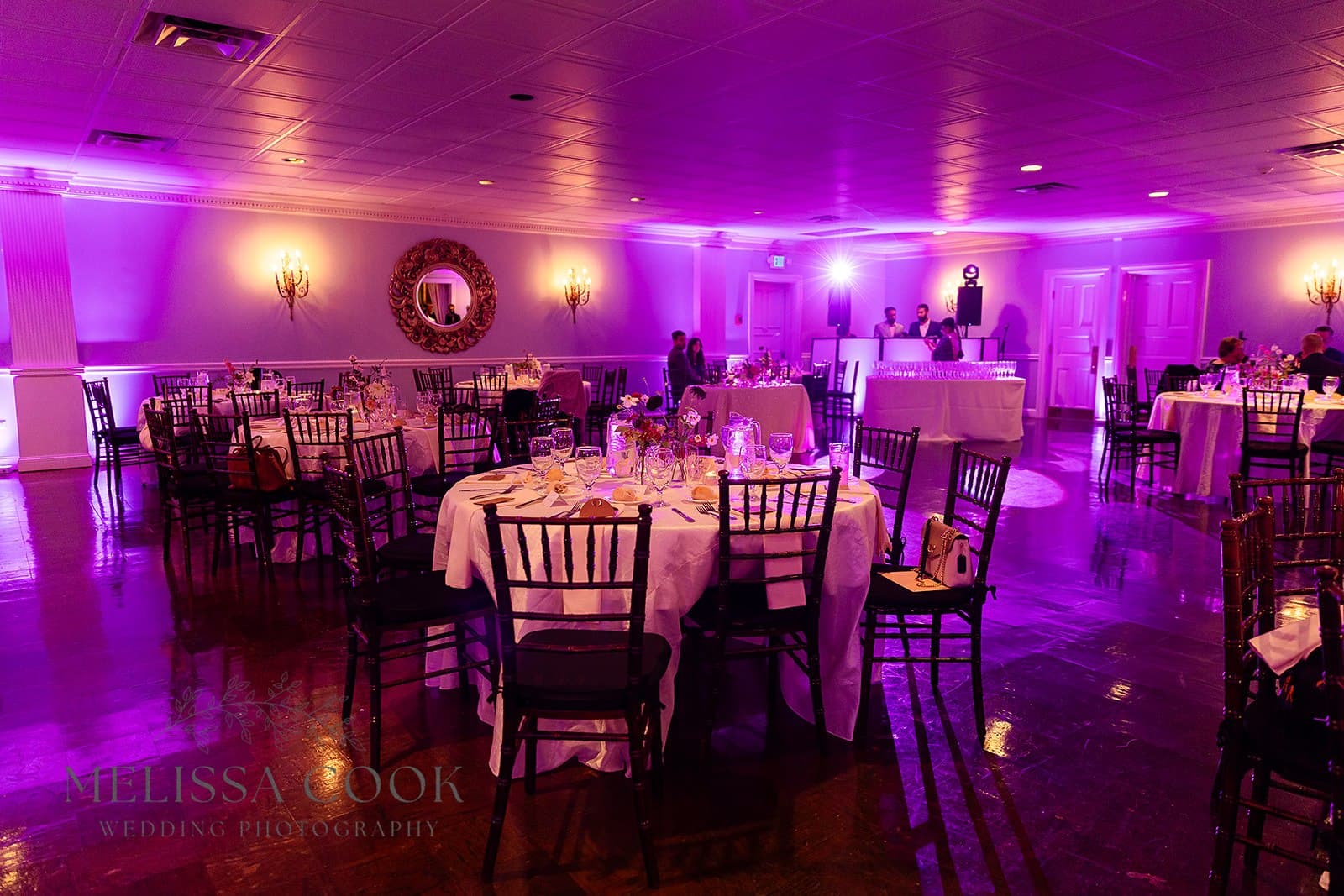 Wedding venue with DJ Taj lighting setup