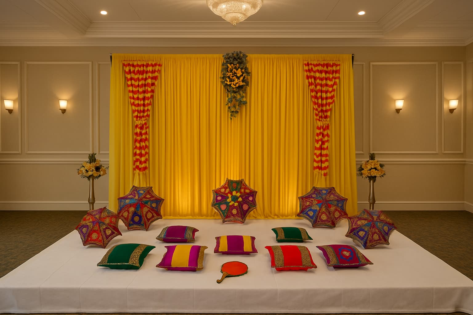 Vibrant Jaggo stage setup with yellow drapes, colorful cushions, and decorative umbrellas